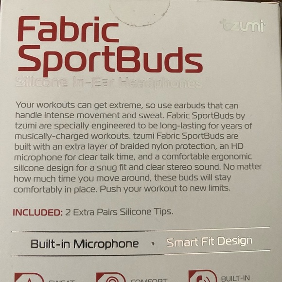 Tzumi Fabric SportBuds Black Earphones Comfort Fit Built In Microphone Wired New - Picture 2 of 3